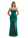 Sexy Sweetheart Boning Ruched Silky Satin Mermaid Long Formal Dresses For Women Side Slit