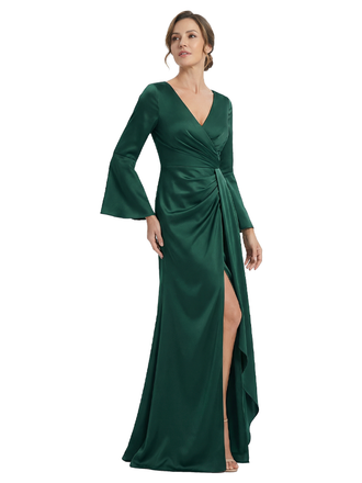 Elegant V-Neck Long Sleeves Side Slit Mermaid Mother Of The Bride Dresses