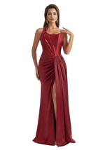 Women's Sexy One Shoulder Ruched Satin Mermaid Long Formal Evening Dresses Side Slit
