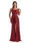 Women's Sexy One Shoulder Ruched Satin Mermaid Long Formal Evening Dresses Side Slit