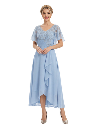 Unique Flutter Sleeves Lace Beaded Short Mother of the Groom Dresses