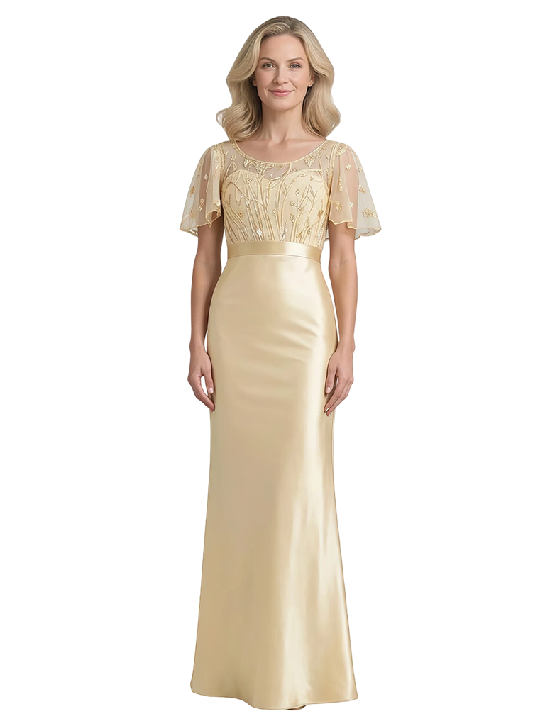 Elegant Flutter Sleeves Scoop Lace Satin Mermaid Floor-Length Mother Of The Bride Dresses