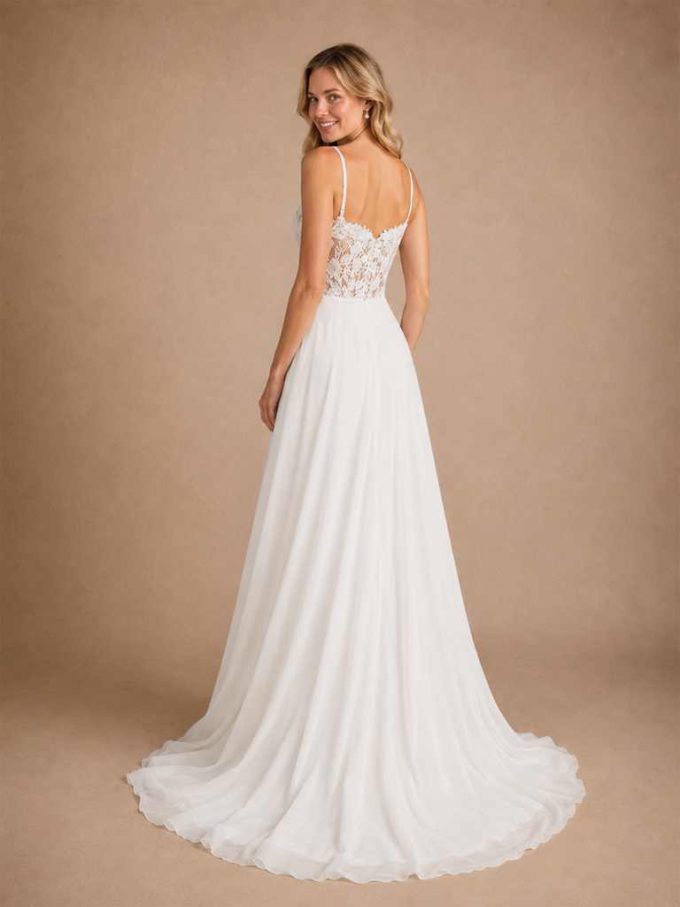 ChicSew Elegant Fancy Spaghetti Straps A-Line Lace Chiffon Maxi Long Wedding Dress
