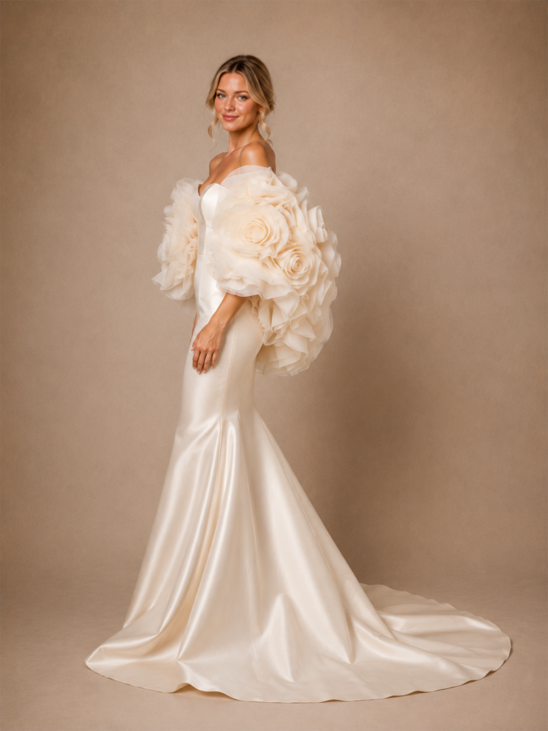 ChicSew Luxury Satin Mermaid Bridal Gown Off Shoulder 3D Rose Organza Puff Sleeves Wedding Dress