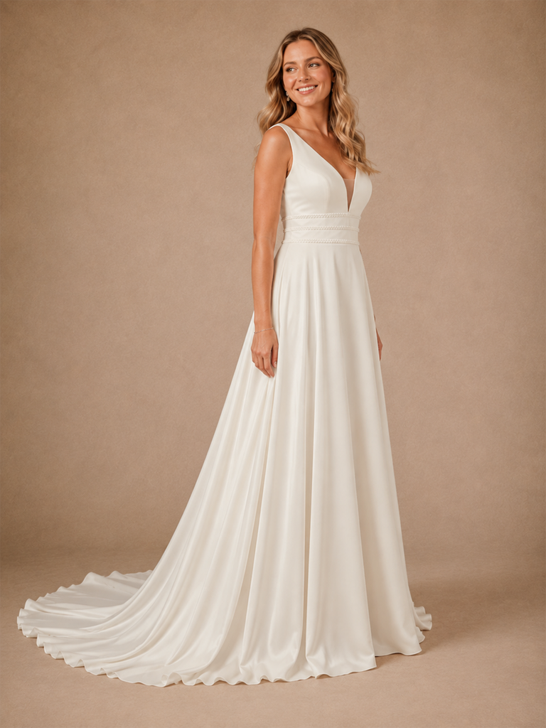 ChicSew Modern Spaghetti Straps Sleeveless A-line Satin Floor-Length Wedding Dress