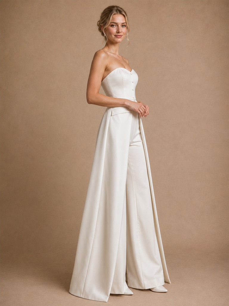 ChicSew Modern Unique Sweetheart Satin Floor-Length Wedding Jumpsuit With Overskirt