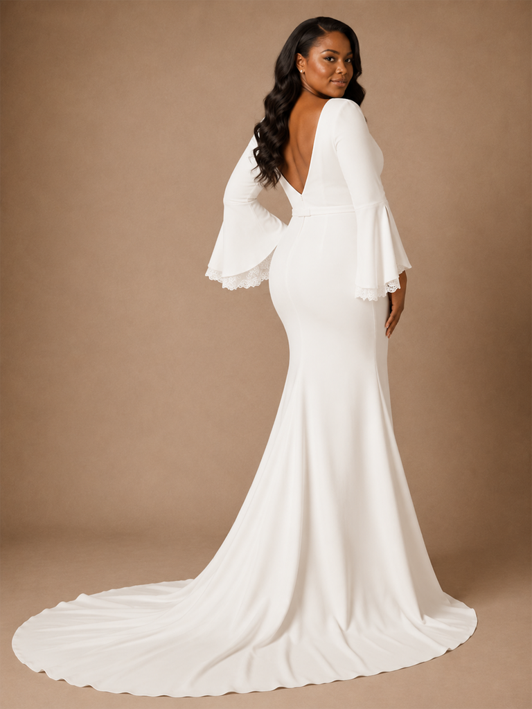 ChicSew Sexy V-Neck Mermaid Crepe Long Flutter Sleeves Maxi Wedding Dress