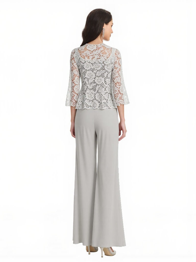 Elegant Square Chiffon And Lace Long Sleeves Jumpsuit For Mother Of The Bride