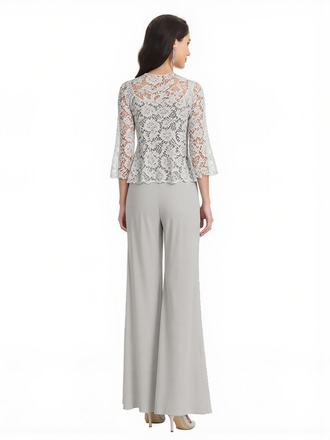 Elegant Square Chiffon And Lace Long Sleeves Jumpsuit For Mother Of The Bride