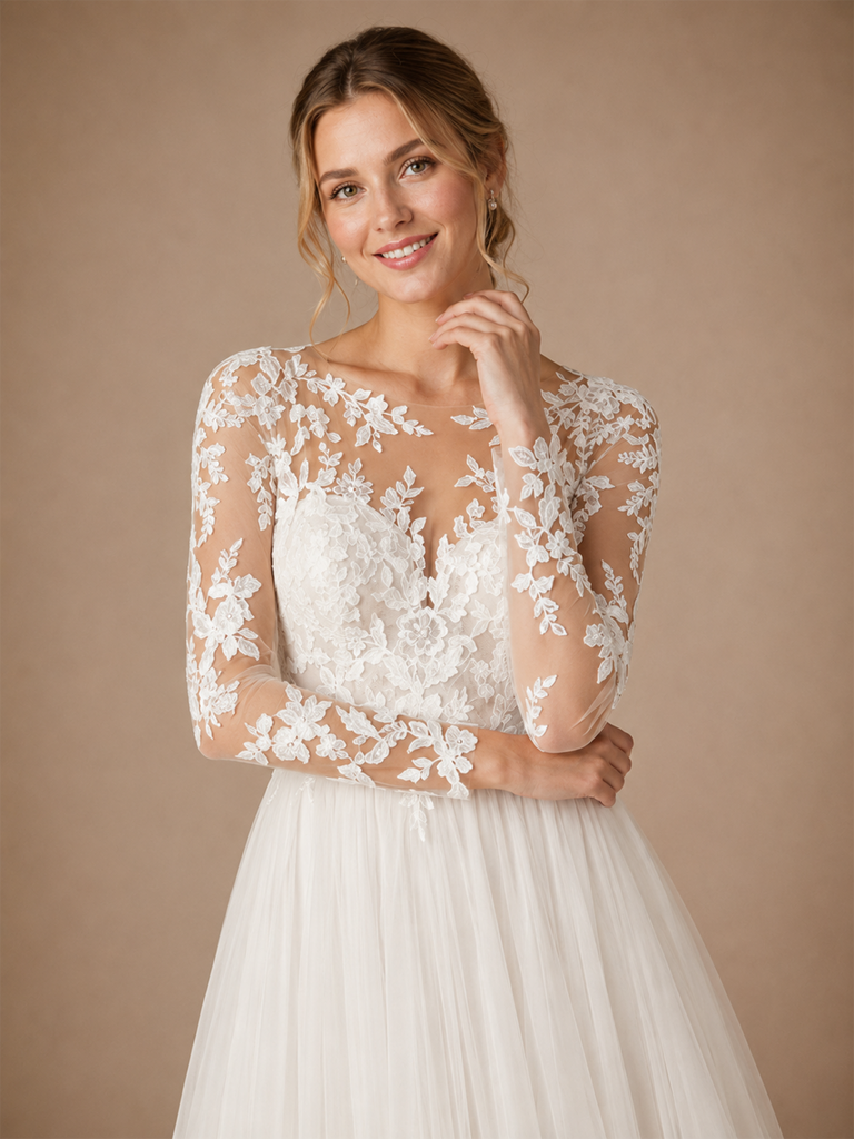 ChicSew Romantic Illusion Long Sleeves A-Line Lace Tulle Maxi Wedding Dresses