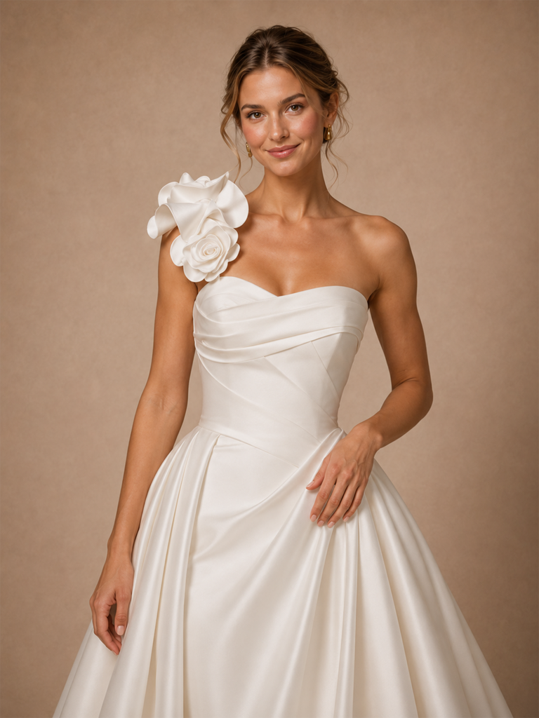 ChicSew Fancy One Shoulder 3D Flowers Ruching Satin A-Line Maxi Wedding Dress