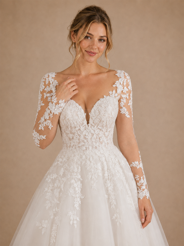 ChicSew Elegant V-Neck Long Sleeves Open Back A-Line Lace Tulle Wedding Dress