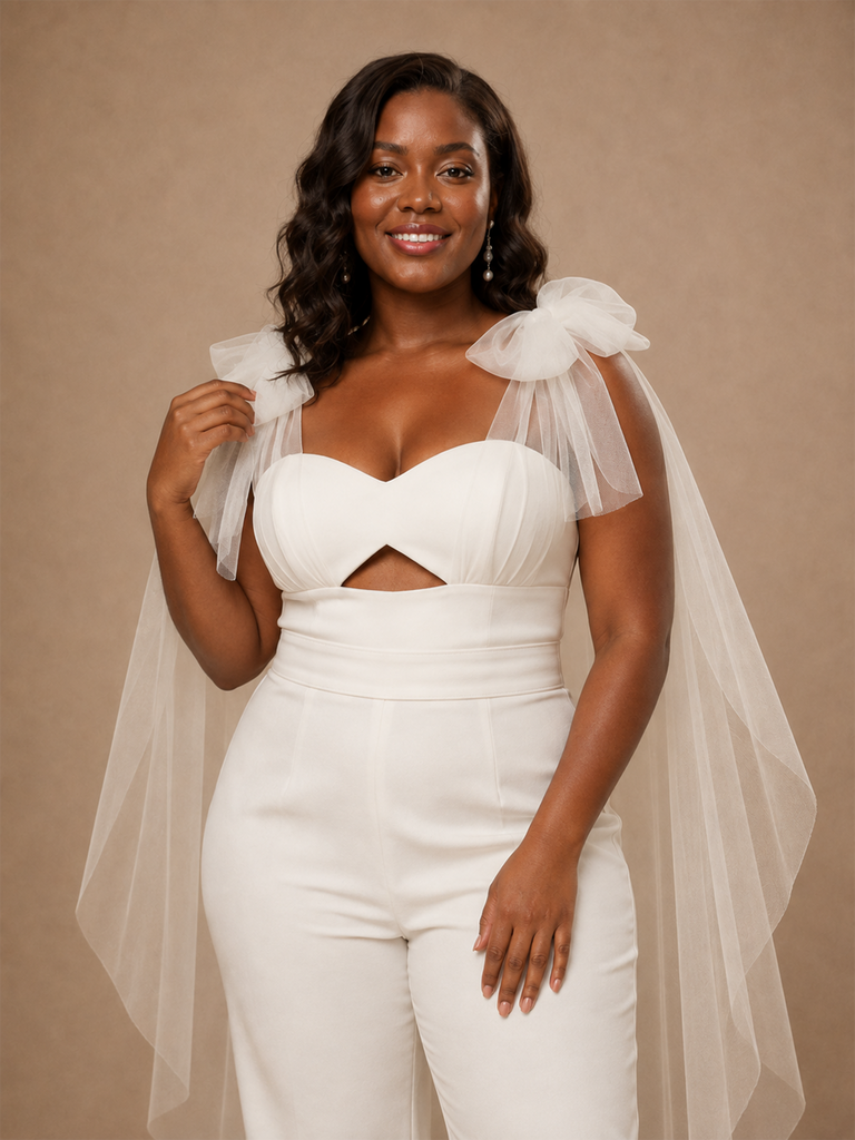 ChicSew Unique Crepe Sleeveless Long Wedding Jumpsuit With Tulle Bow Straps