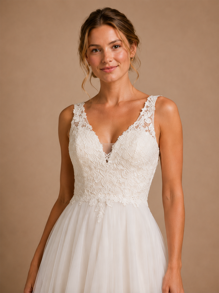 ChicSew Elegant Fancy V-Neck A-Line Lace Tulle Sleeveless Long Wedding Dress