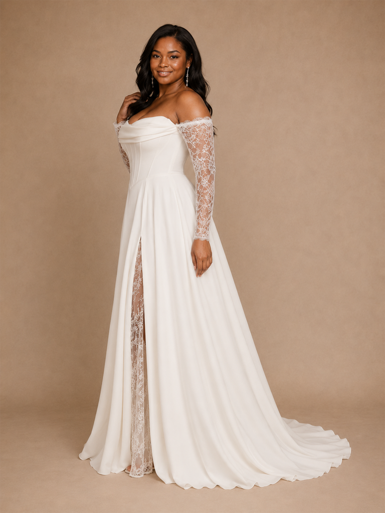 ChicSew Classy Sweetheart Chiffon Long Lace Sleeves Side Slit A-Line Floor-Length Wedding Dress