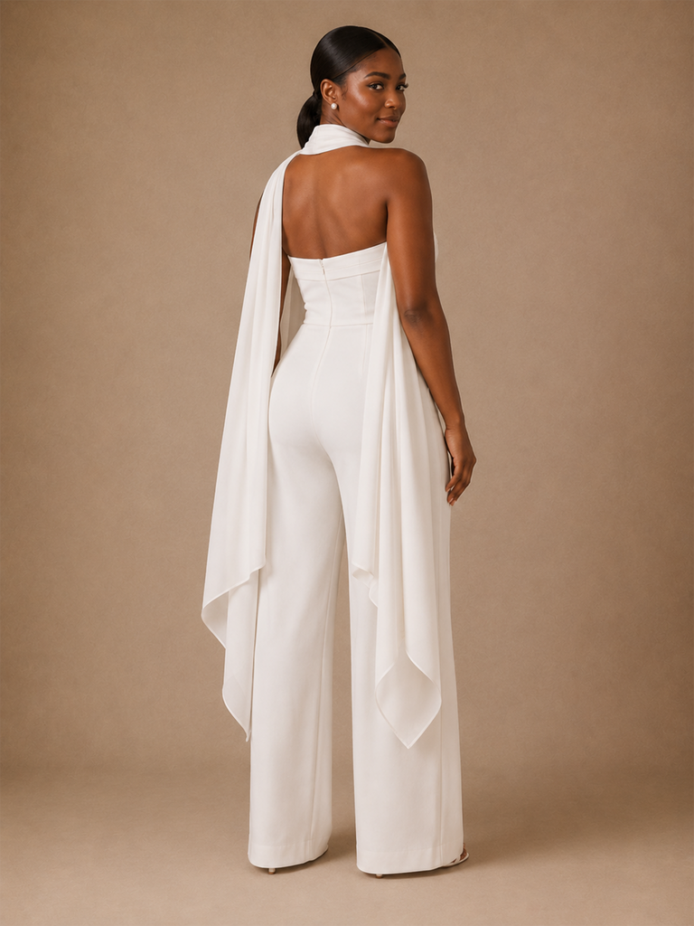 ChicSew Modern Crepe Strapless Floor-Length Wedding Jumpsuit With Scarf Cape