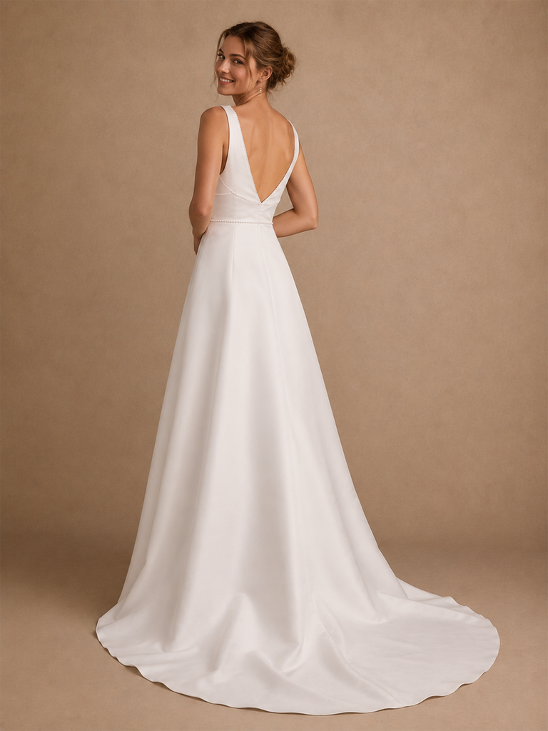 ChicSew Elegant V-Neck Sleeveless A-Line Satin Floor-Length Wedding Dresses With Beading