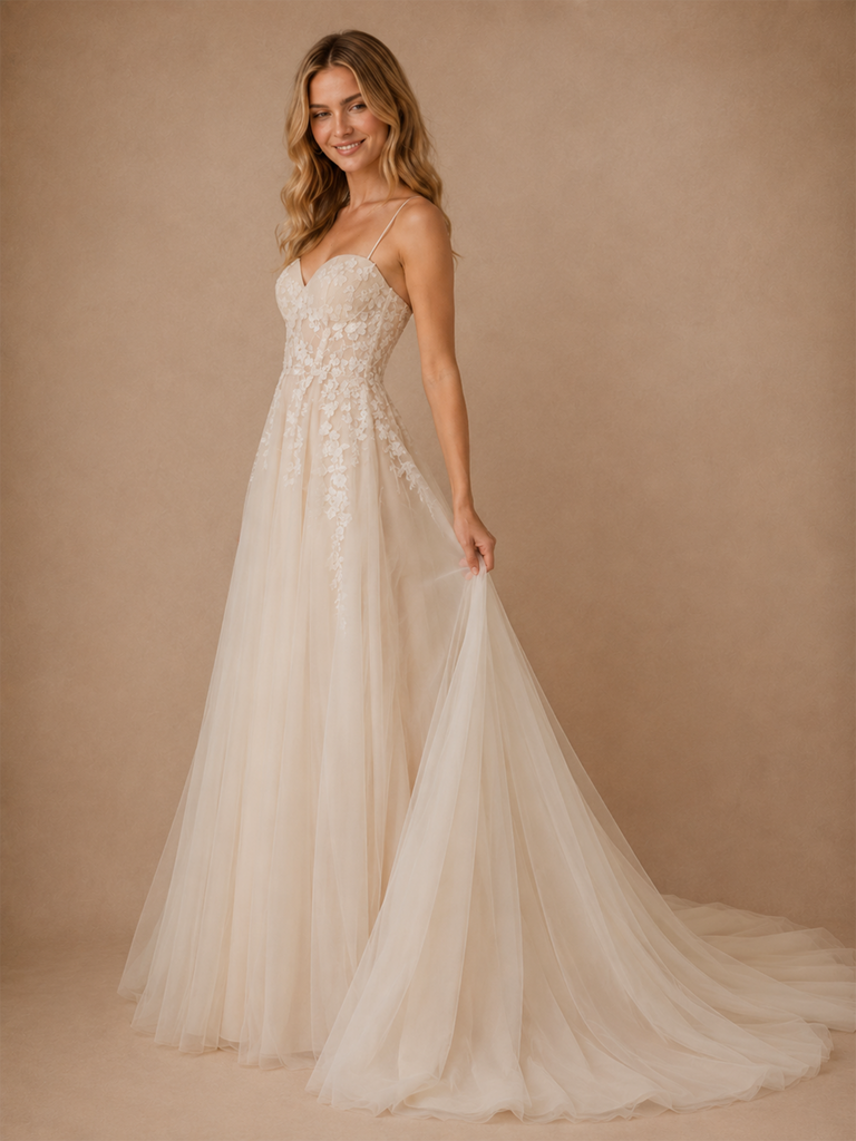 ChicSew Fancy V-Neck Spaghetti Straps Lace Tulle Long A-Line Wedding Dress