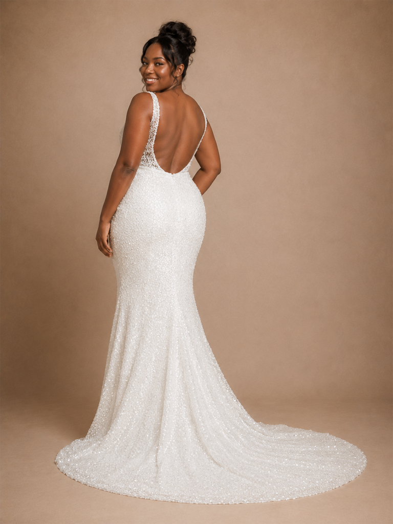 ChicSew Elegant V-Neck Spaghetti Straps Mermaid Sequin Floor-Length Wedding Dress