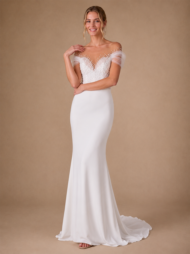 Chicsew Fancy Illusion Off The Shoulder Beading Mermaid Crepe Long Wedding Dress