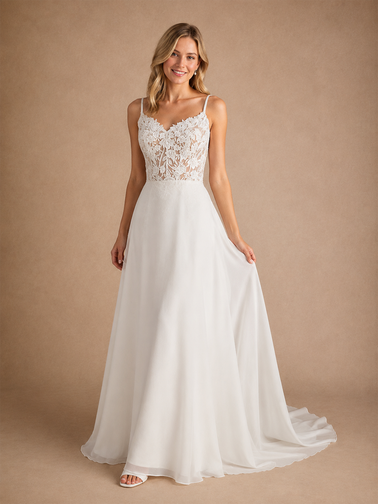 ChicSew Elegant Fancy Spaghetti Straps A-Line Lace Chiffon Maxi Long Wedding Dress
