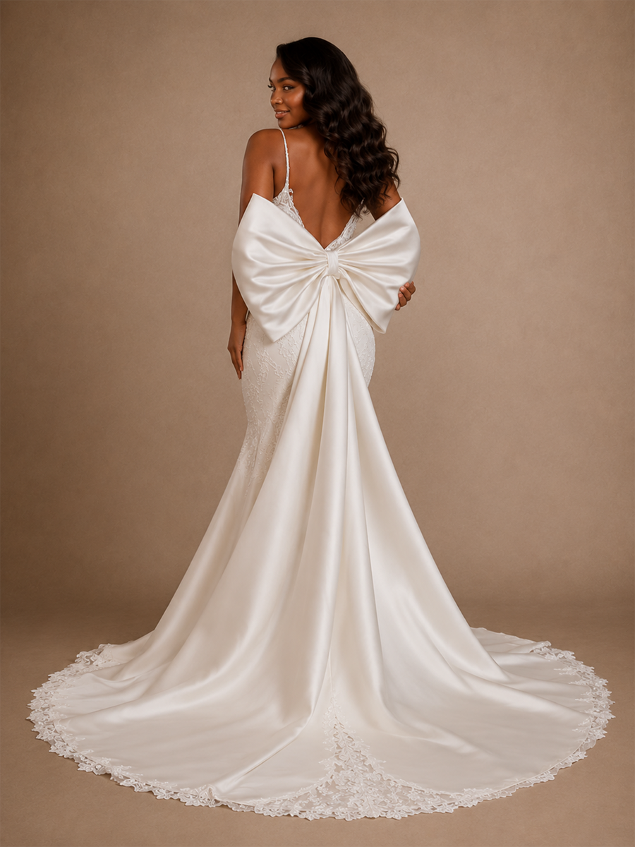 ChicSew Elegant Spaghetti Straps Mermaid Satin Lace Applique Floor-Length Wedding Dress With Oversized Bow Knot