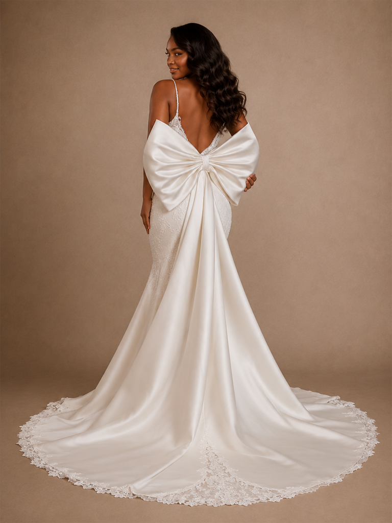 ChicSew Elegant Spaghetti Straps Mermaid Satin Lace Applique Floor-Length Wedding Dress With Oversized Bow Knot