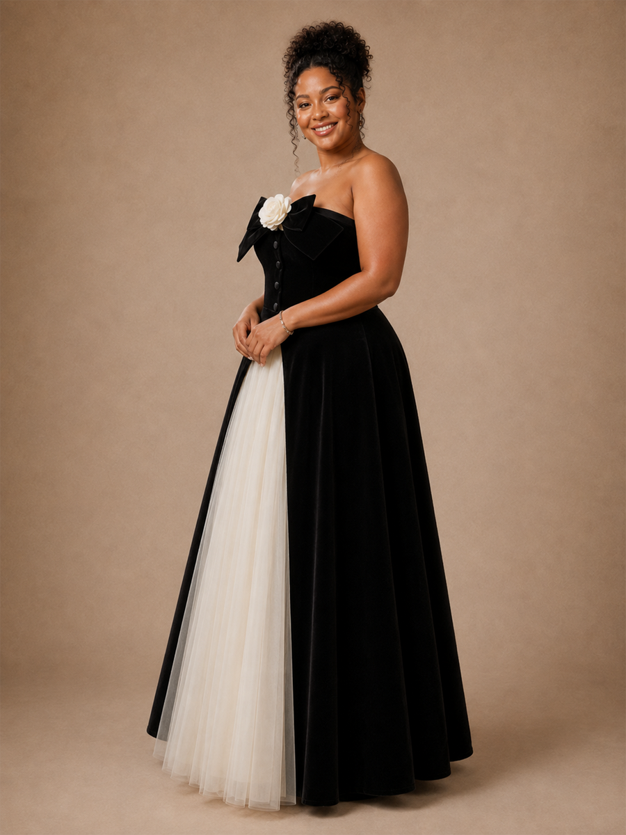 ChicSew Elegant Strapless Black & White A-Line Velvet Tulle Maxi Wedding Dress