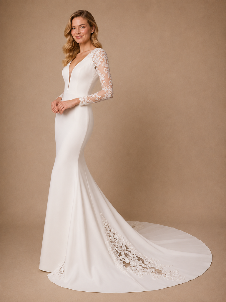 ChicSew Sexy V-Neck Lace Long Sleeves Mermaid Crepe Floor-Length Wedding Dress