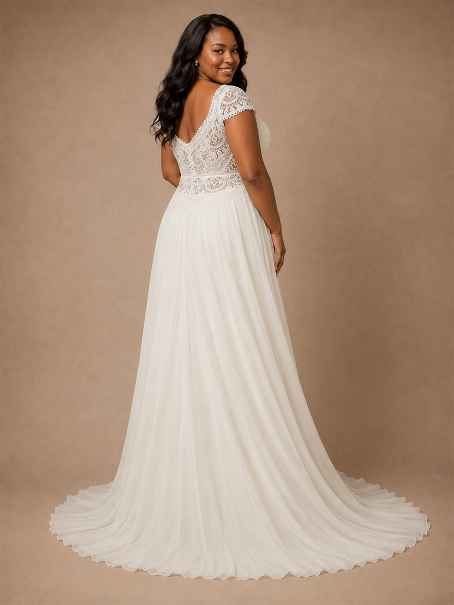 ChicSew Elegant V-Neck Cap Sleeves Chiffon A-Line Wedding Dress With Lace Appliques