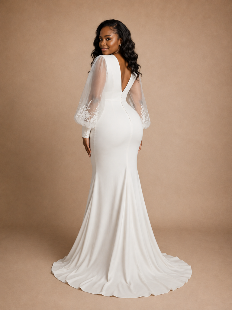 ChicSew Modern Sexy V-Neck Long Tulle Sleeves Crepe Mermaid Maxi Wedding Dress