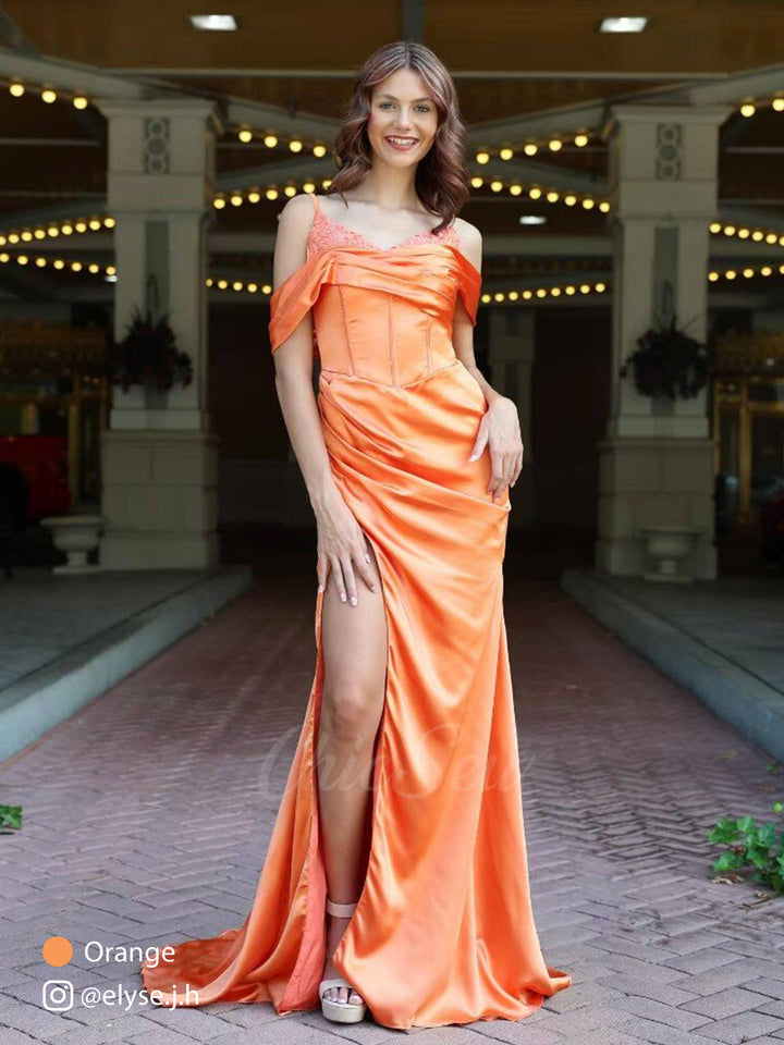 Sexy Side Slit Mermaid Silky Satin V-neck Cold Shoulder Unique Nice Wedding Guest Dresses