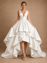 ChicSew Unique Deep V-Neck Satin A-Line Ruffle High-Low Wedding Dresses