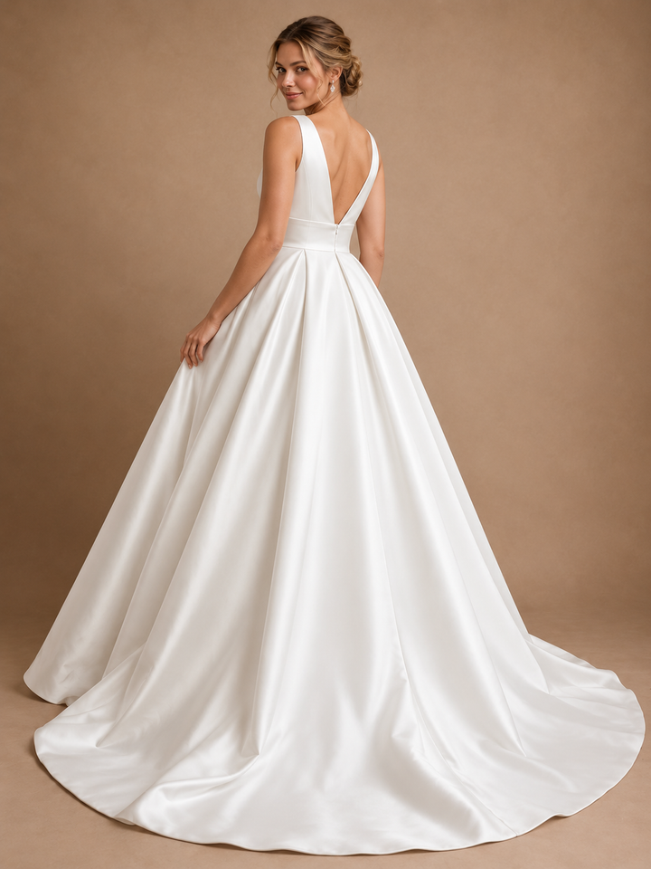 ChicSew Unique Deep V-Neck Satin A-Line Ruffle High-Low Wedding Dresses