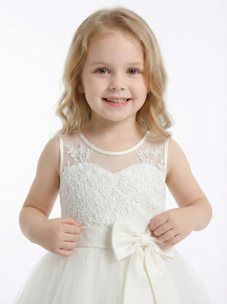 Illusion-Neck Flower Girl Dress with Sleeveless Lace Applique Bodice and A-Line Tulle Skirt