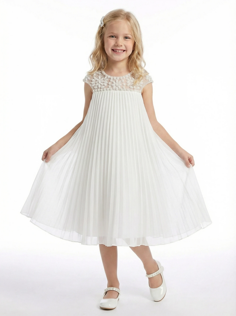 Cap Sleeve Flower Girl Dress, Pleated Chiffon A-Line Silhouette, Knee Length Formal Style