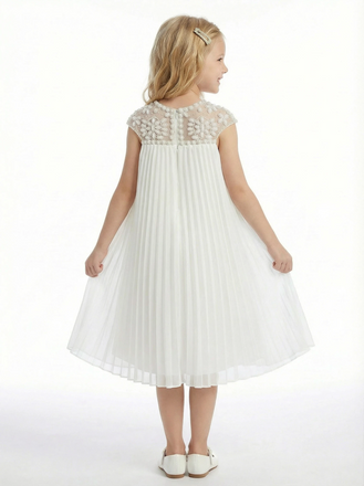 Cap Sleeve Flower Girl Dress, Pleated Chiffon A-Line Silhouette, Knee Length Formal Style