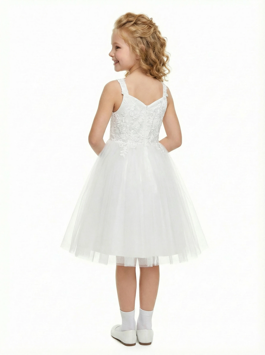 Sweetheart Lace Flower Girl Dress, Strapless Tulle Ball Gown, Appliqué Bodice, Floor Length