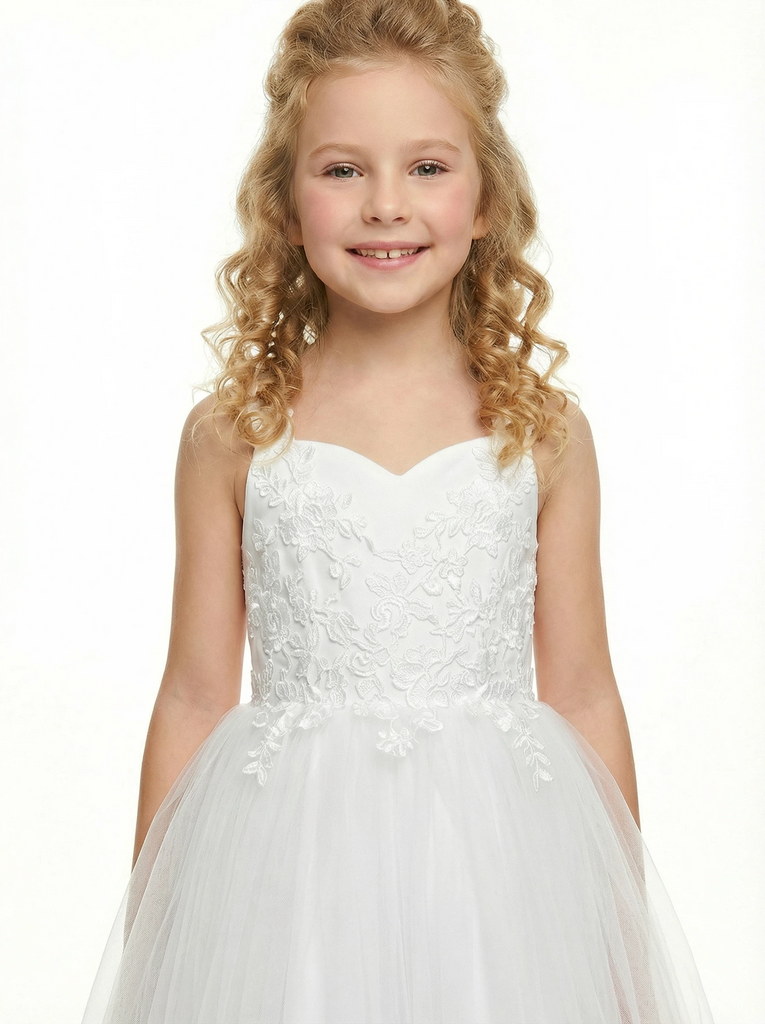 Sweetheart Lace Flower Girl Dress, Strapless Tulle Ball Gown, Appliqué Bodice, Floor Length