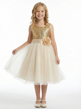 Sequin Bodice Flower Girl Dress with Sleeveless Round Neck and Tea Length Tulle A-Line Skirt