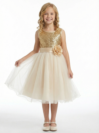 Sequin Bodice Flower Girl Dress with Sleeveless Round Neck and Tea Length Tulle A-Line Skirt