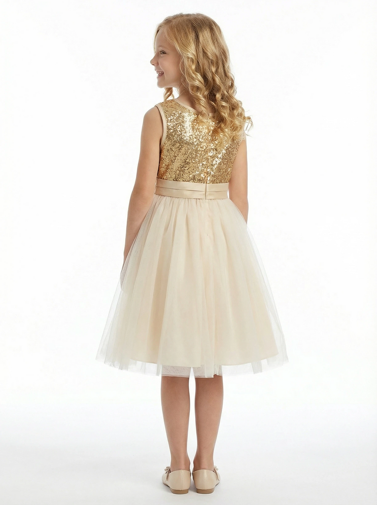 Sequin Bodice Flower Girl Dress with Sleeveless Round Neck and Tea Length Tulle A-Line Skirt