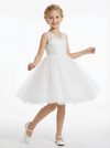 V-Neck Lace Flower Girl Dress with Sleeveless Bodice and Tea Length Princess Tulle Skirt