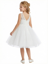 V-Neck Lace Flower Girl Dress with Sleeveless Bodice and Tea Length Princess Tulle Skirt