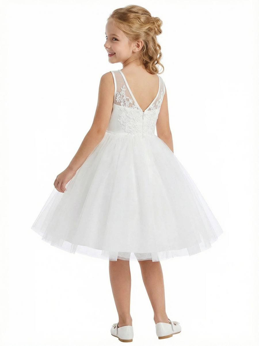 V-Neck Lace Flower Girl Dress with Sleeveless Bodice and Tea Length Princess Tulle Skirt