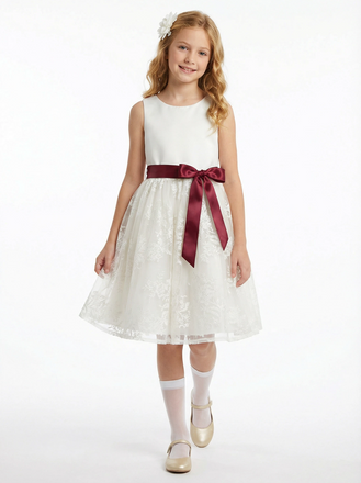 Classic A-Line Flower Girl Dress with Sleeveless Satin Bodice and Knee Length Tulle Skirt