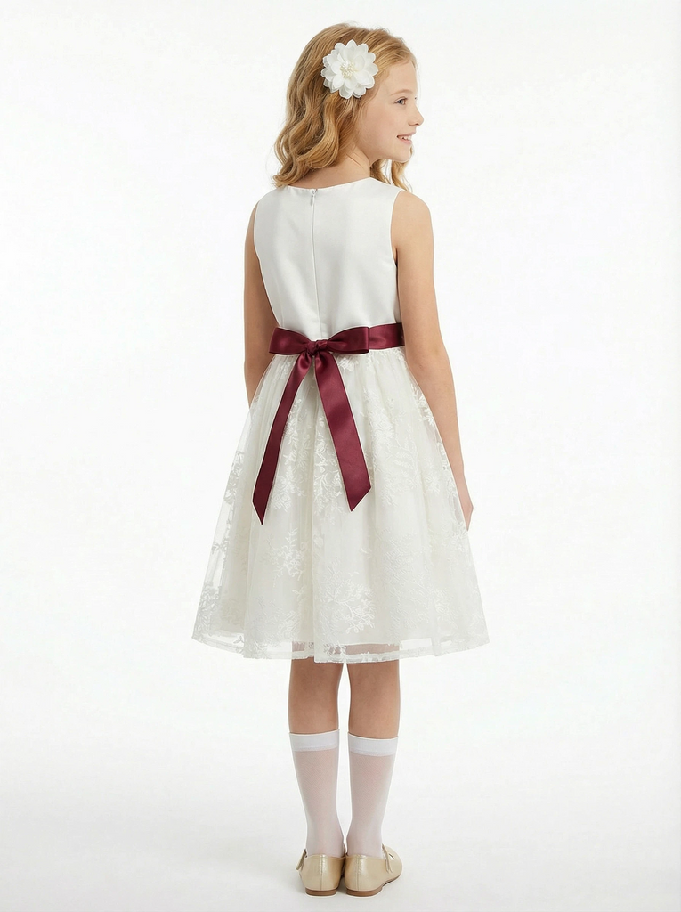 Classic A-Line Flower Girl Dress with Sleeveless Satin Bodice and Knee Length Tulle Skirt