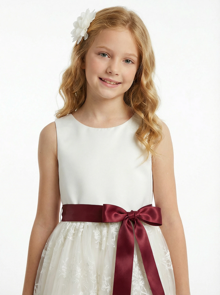 Classic A-Line Flower Girl Dress with Sleeveless Satin Bodice and Knee Length Tulle Skirt
