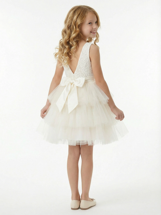 Tiered Tulle Flower Girl Dress with Sleeveless Lace Top and Short Party A-Line Silhouette