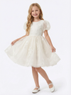 Puff Sleeve Flower Girl Gown with Embroidered Bodice and Tea Length Princess Tulle Skirt